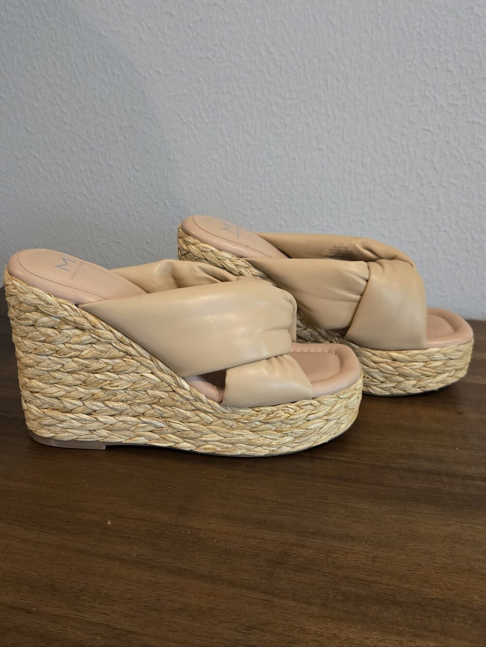 Marc Fisher cream & tan leather wedge sandals with woven straw platform